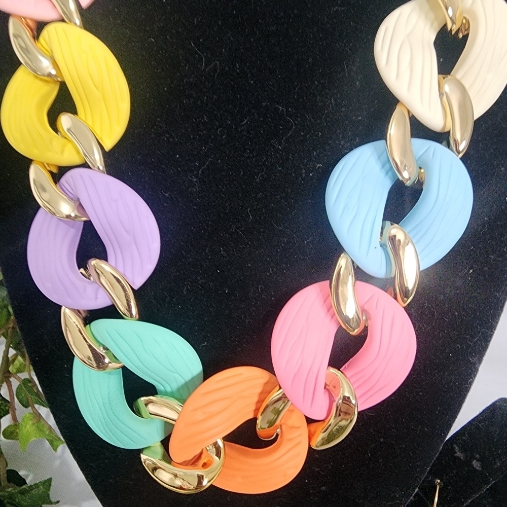 Chunky Pastel Multi Color Acrylic Chain Necklace Earrings Set New - Picture 6 of 8